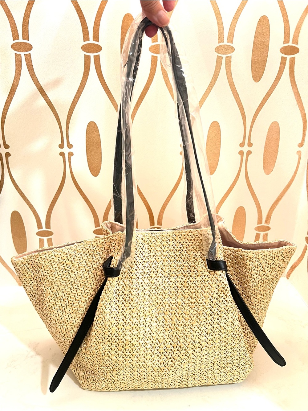 Woven Straw Tote Bag with Black Trim - Picture 3 of 11
